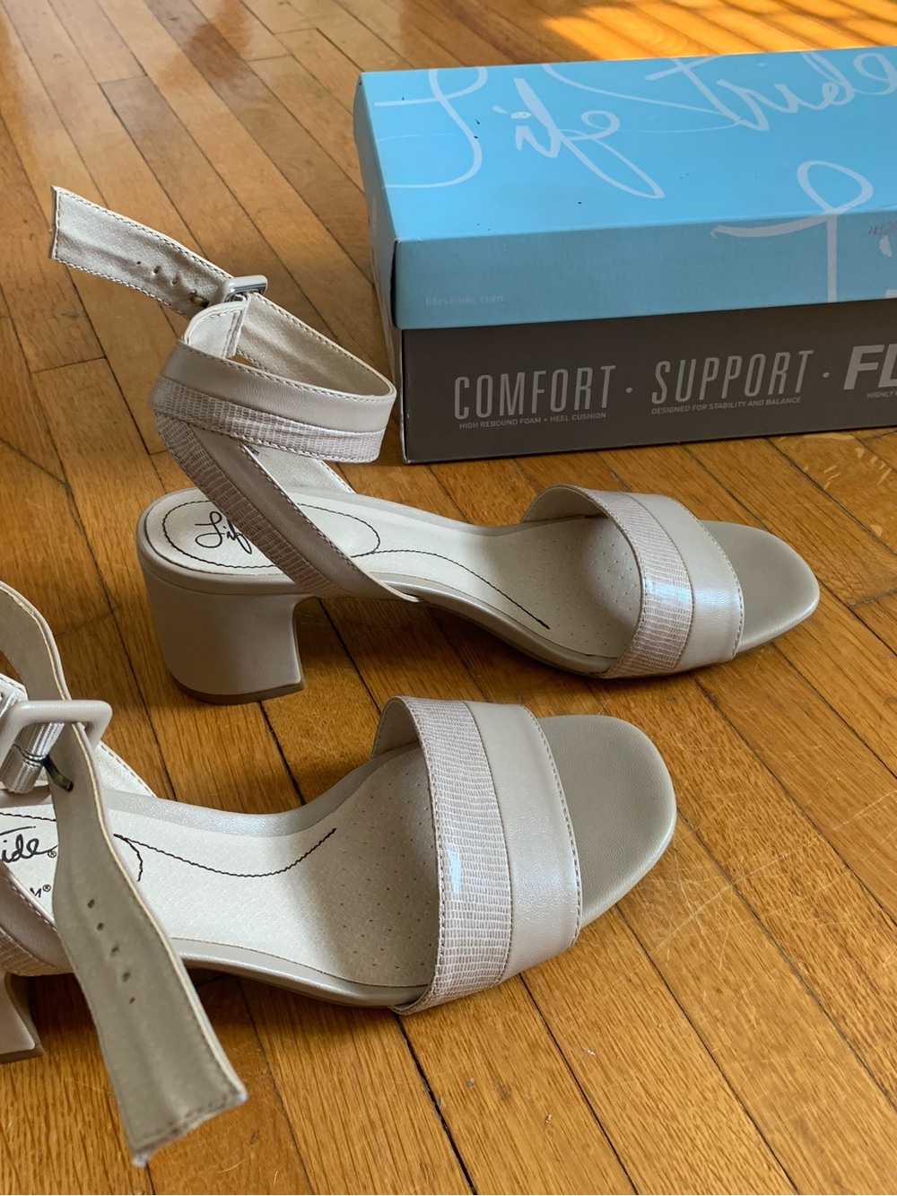 Life Stride Beige Block Heel Ankle-Strap Sandals